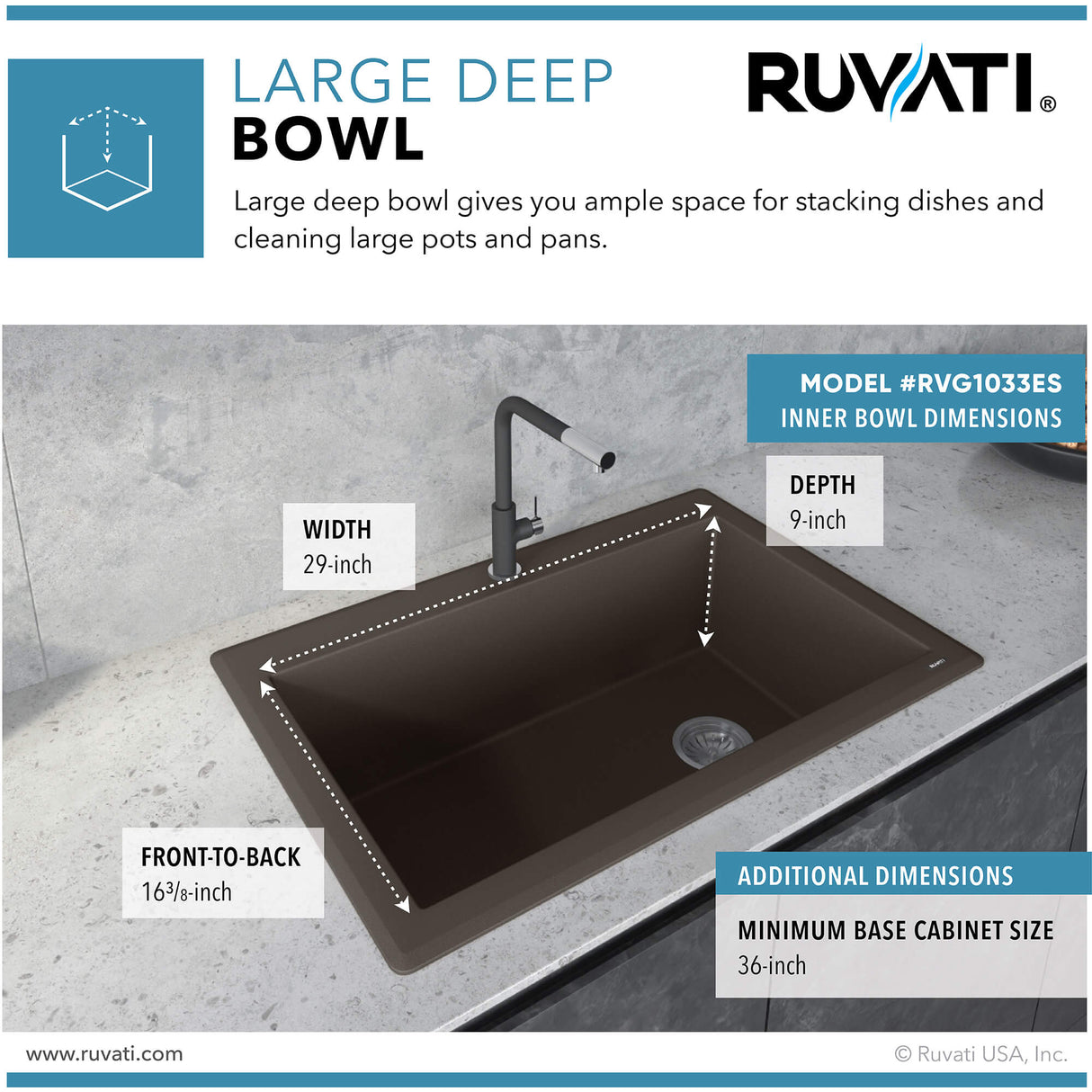 Ruvati 33 x 22 inch epiGranite Drop-in Topmount Granite Composite Single Bowl Kitchen Sink - Espresso Brown - RVG1033ES