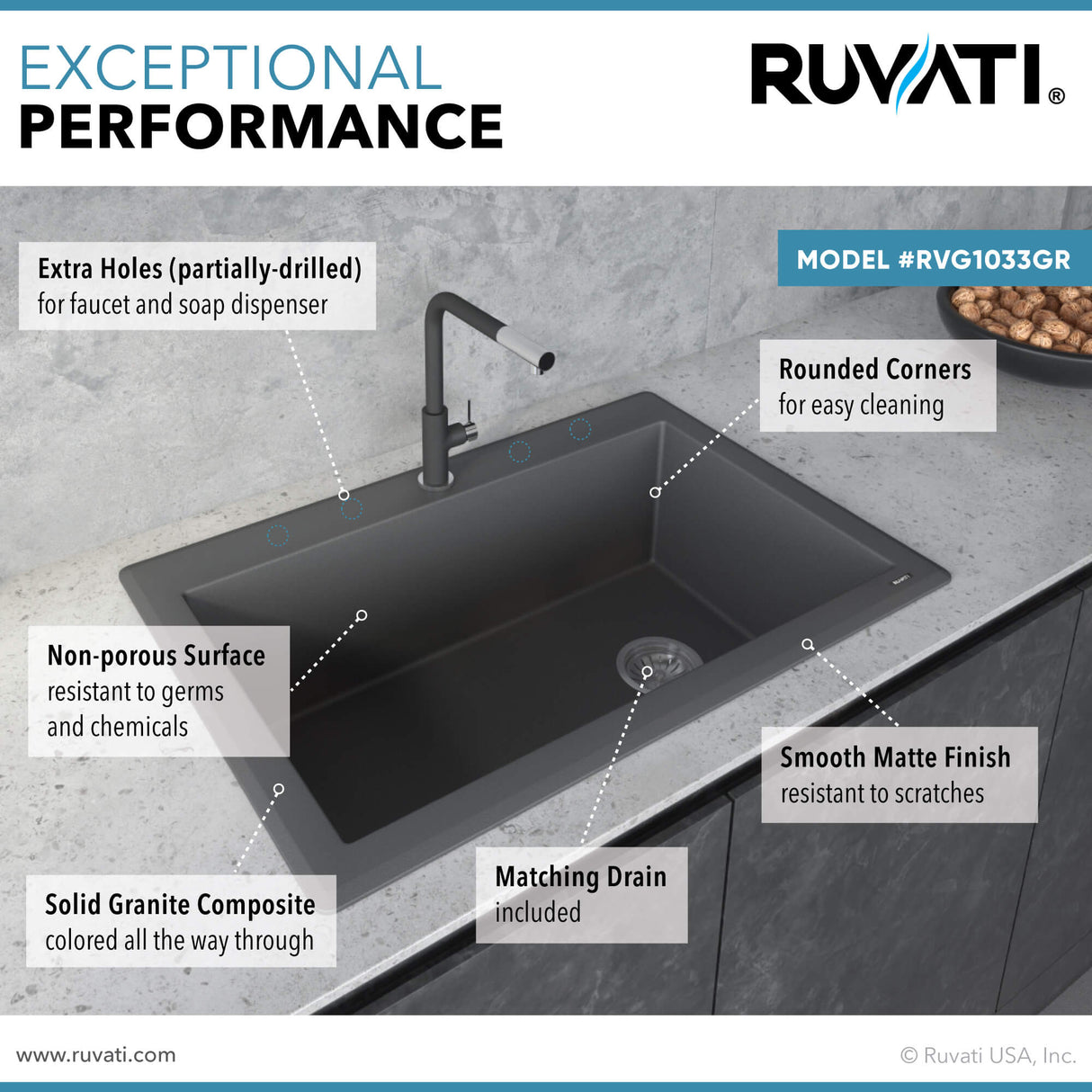 Ruvati 33 x 22 inch epiGranite Drop-in Topmount Granite Composite Single Bowl Kitchen Sink - Urban Gray - RVG1033GR