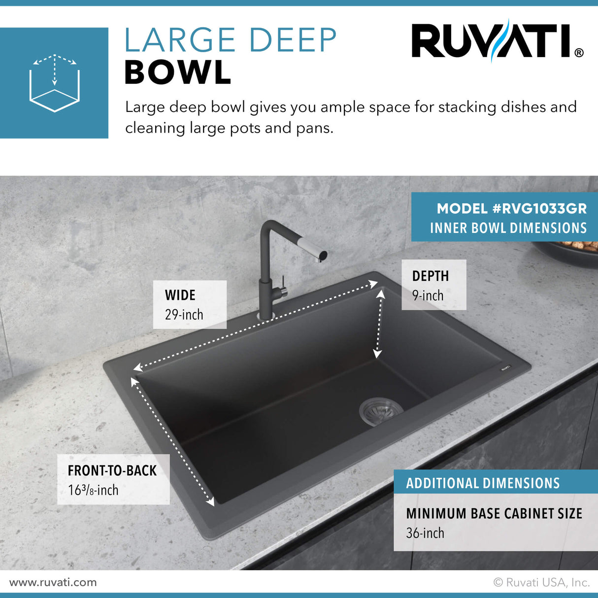 Ruvati 33 x 22 inch epiGranite Drop-in Topmount Granite Composite Single Bowl Kitchen Sink - Urban Gray - RVG1033GR