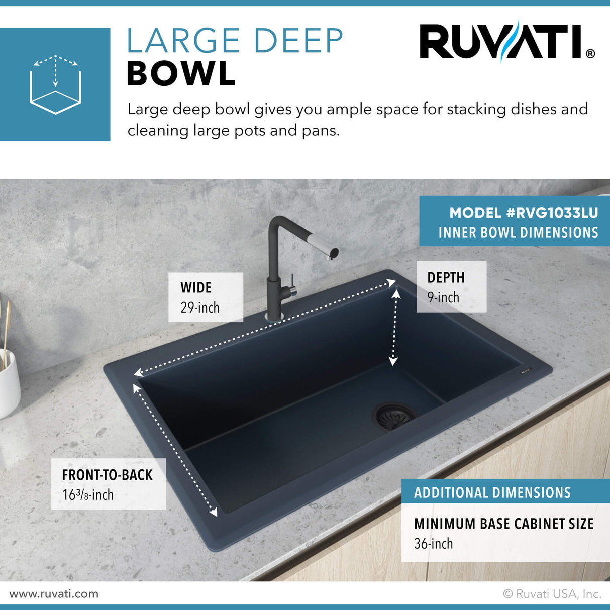 Ruvati 33 x 22 inch Granite Composite Drop-in Topmount Single Bowl Kitchen Sink - Catalina Blue - RVG1033LU