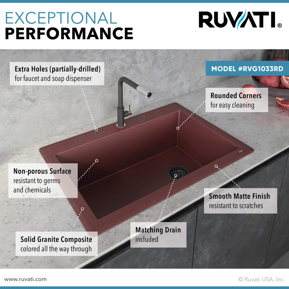 Ruvati 33 x 22 inch Granite Composite Drop-in Topmount Single Bowl Kitchen Sink - Carnelian Red - RVG1033RD