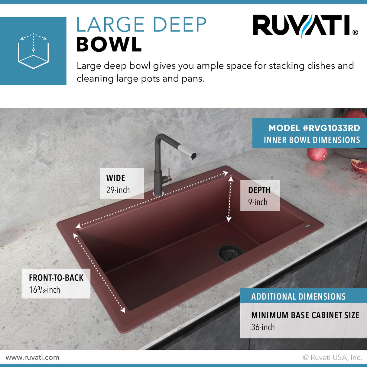 Ruvati 33 x 22 inch Granite Composite Drop-in Topmount Single Bowl Kitchen Sink - Carnelian Red - RVG1033RD