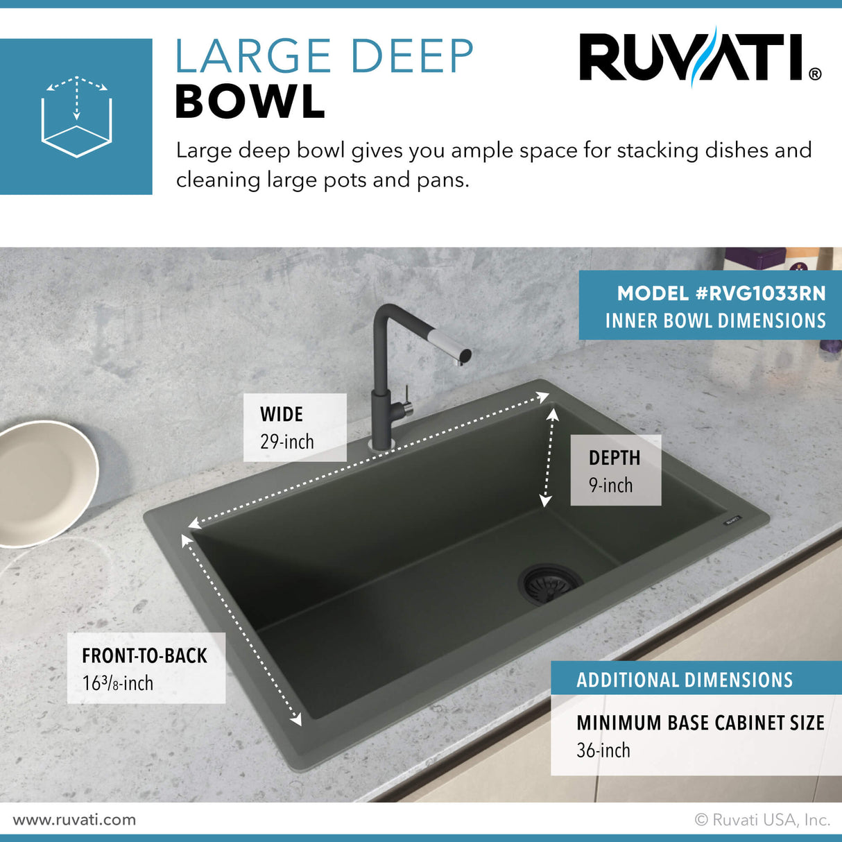 Ruvati 33 x 22 inch Granite Composite Drop-in Topmount Single Bowl Kitchen Sink - Juniper Green - RVG1033RN
