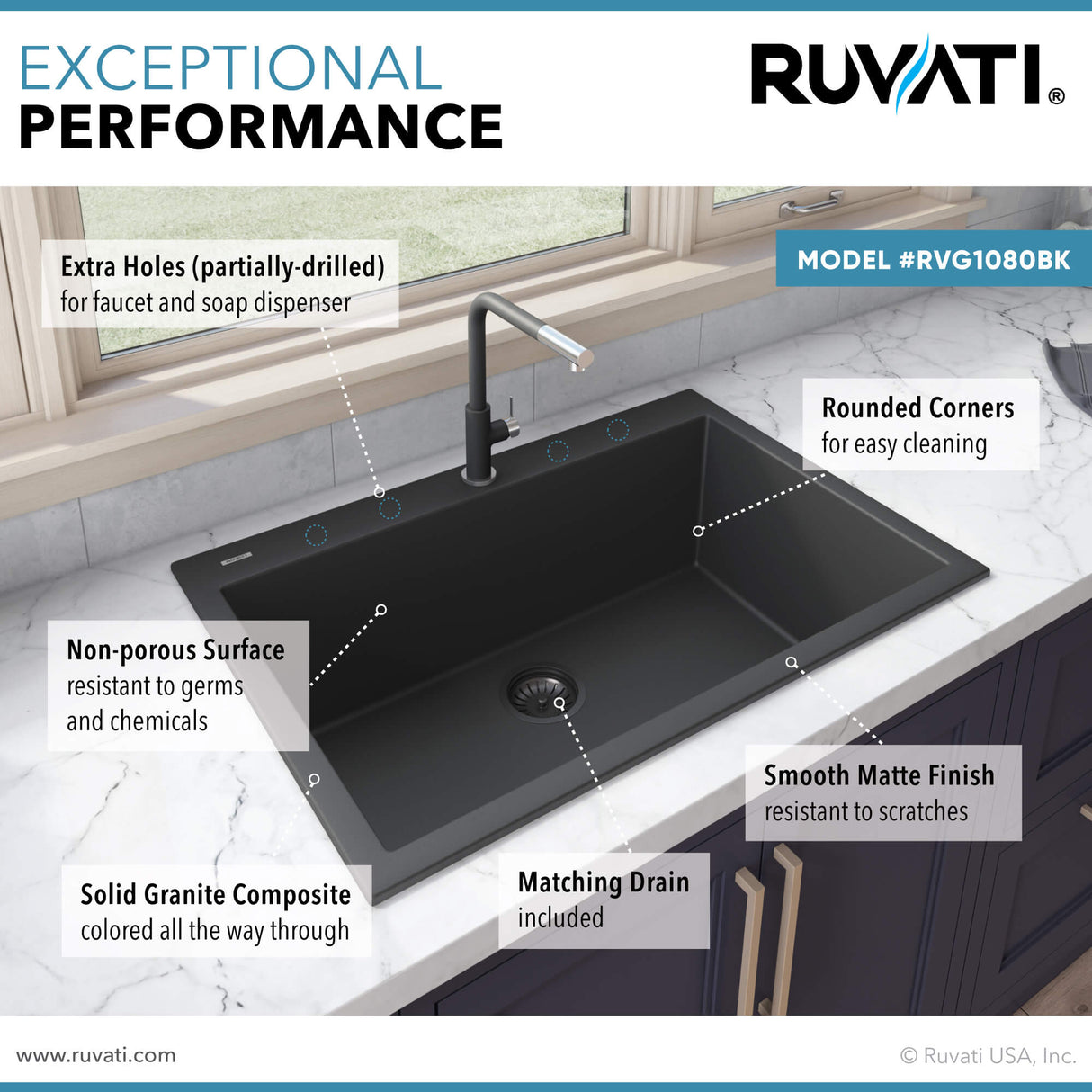 Ruvati 33 x 22 inch epiGranite Drop-in Topmount Granite Composite Single Bowl Kitchen Sink - Midnight Black - RVG1080BK