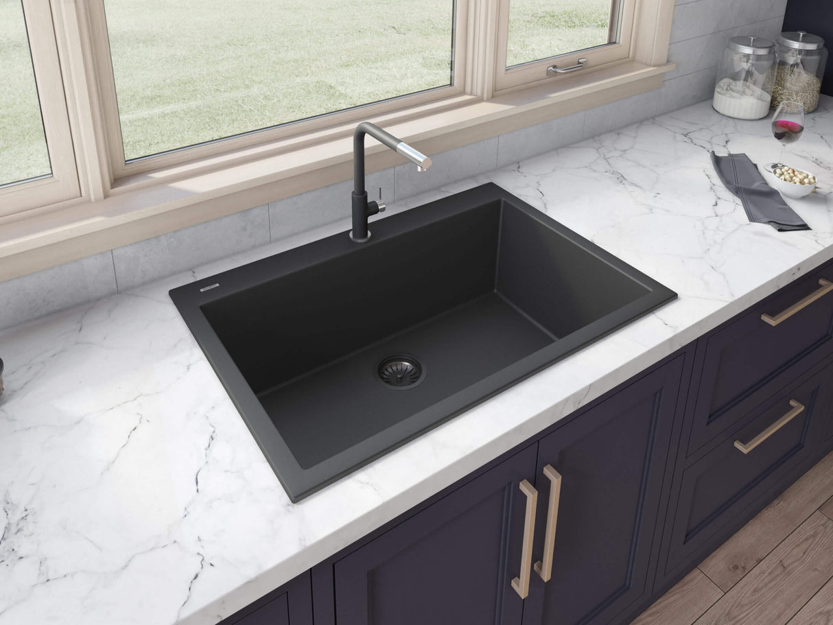 Ruvati 33 x 22 inch epiGranite Drop-in Topmount Granite Composite Single Bowl Kitchen Sink - Midnight Black - RVG1080BK