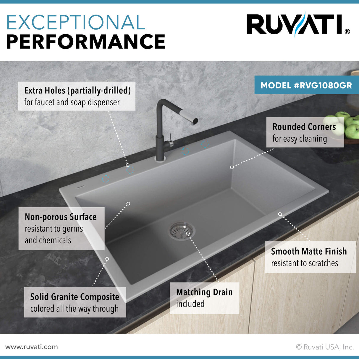 Ruvati 33 x 22 inch epiGranite Drop-in Topmount Granite Composite Single Bowl Kitchen Sink - Silver Gray - RVG1080GR