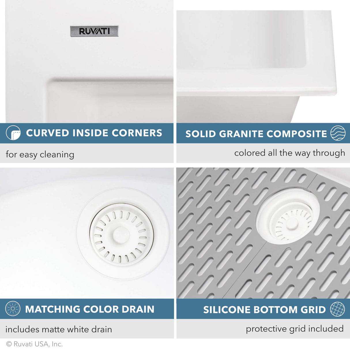 Ruvati 33 x 22 inch epiGranite Drop-in Topmount Granite Composite Single Bowl Kitchen Sink - Arctic White - RVG1080WH