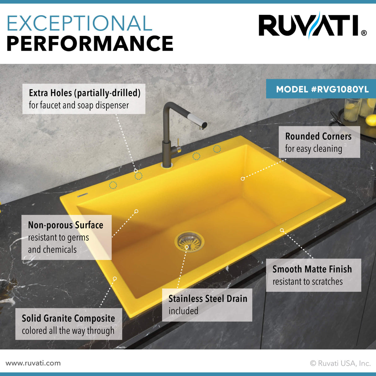 Ruvati 33 x 22 inch Granite Composite Drop-in Topmount Kitchen Sink Single Bowl - Midas Yellow - RVG1080YL