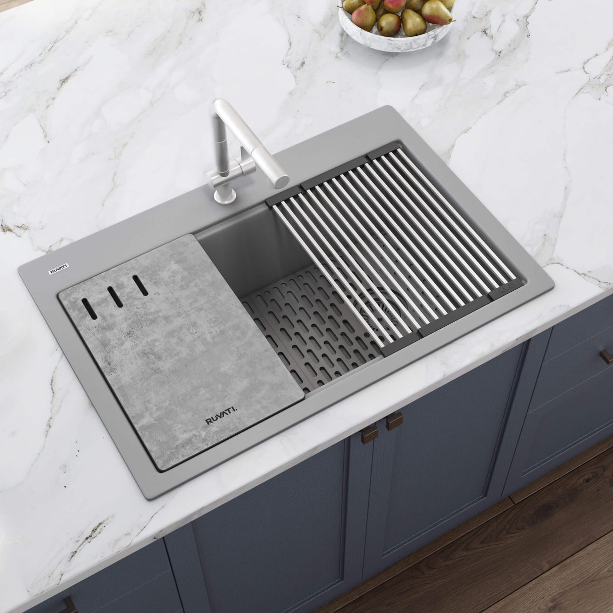 Ruvati 33-inch Granite Composite Workstation Drop-in Topmount Kitchen Sink Silver Gray - RVG1302GR