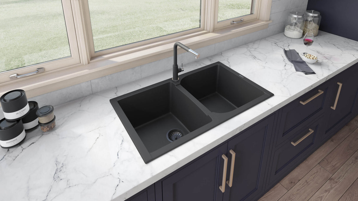 Ruvati 34 x 20 inch epiGranite Dual-Mount Granite Composite Double Bowl Kitchen Sink - Midnight Black - RVG1319BK