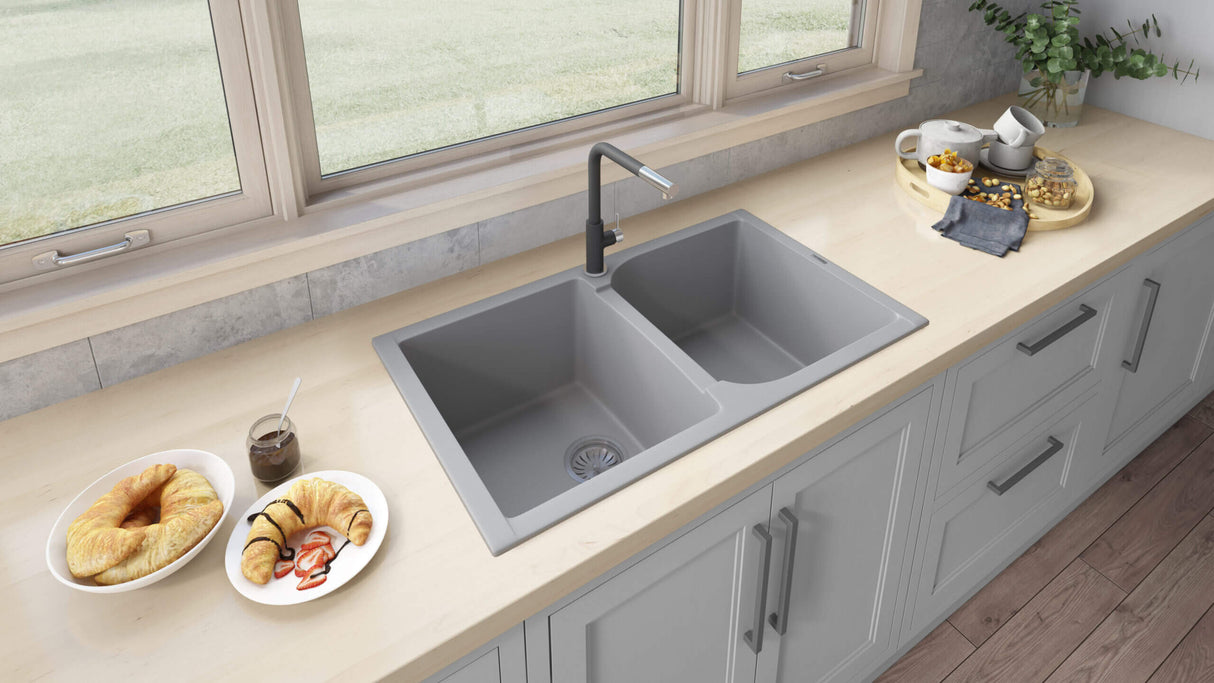 Ruvati 34 x 20 inch epiGranite Dual-Mount Granite Composite Double Bowl Kitchen Sink - Silver Gray - RVG1319GR
