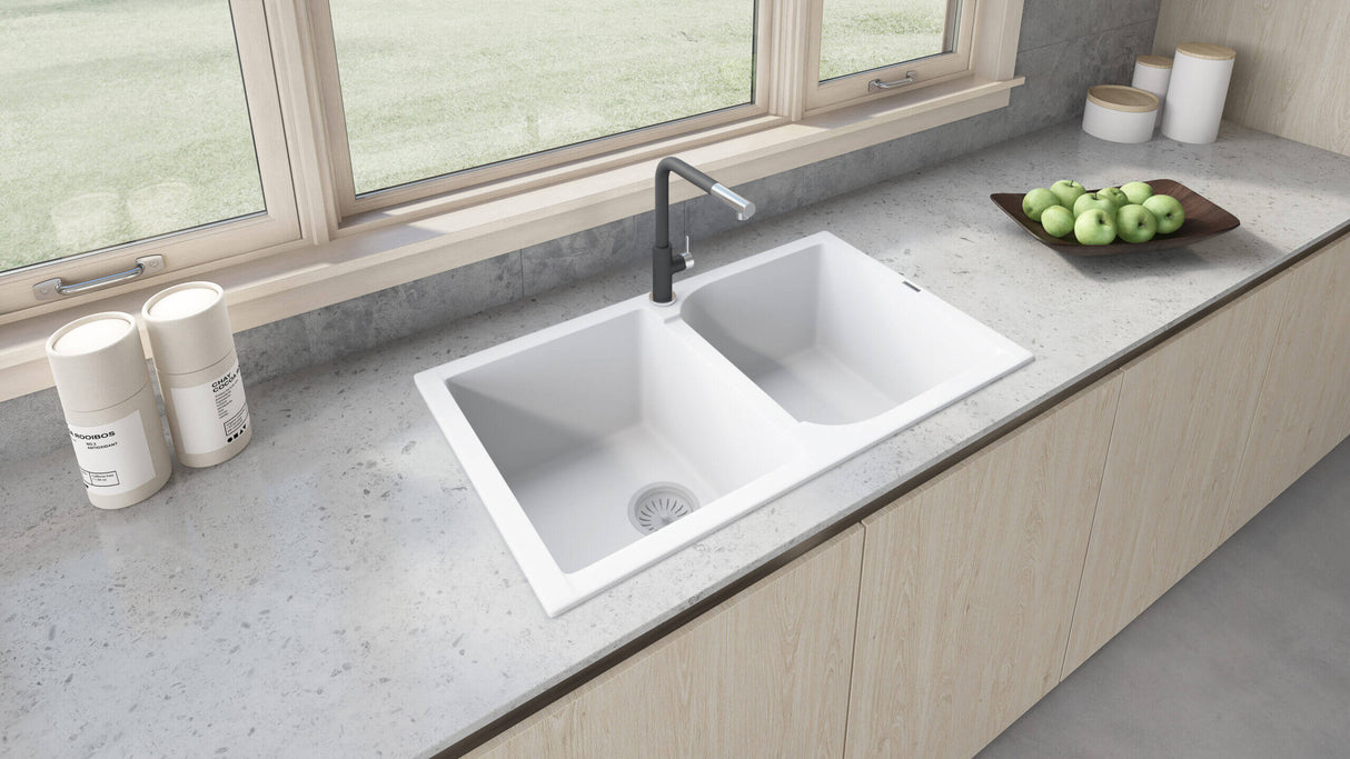 Ruvati 34 x 20 inch epiGranite Dual-Mount Granite Composite Double Bowl Kitchen Sink - Arctic White - RVG1319WH