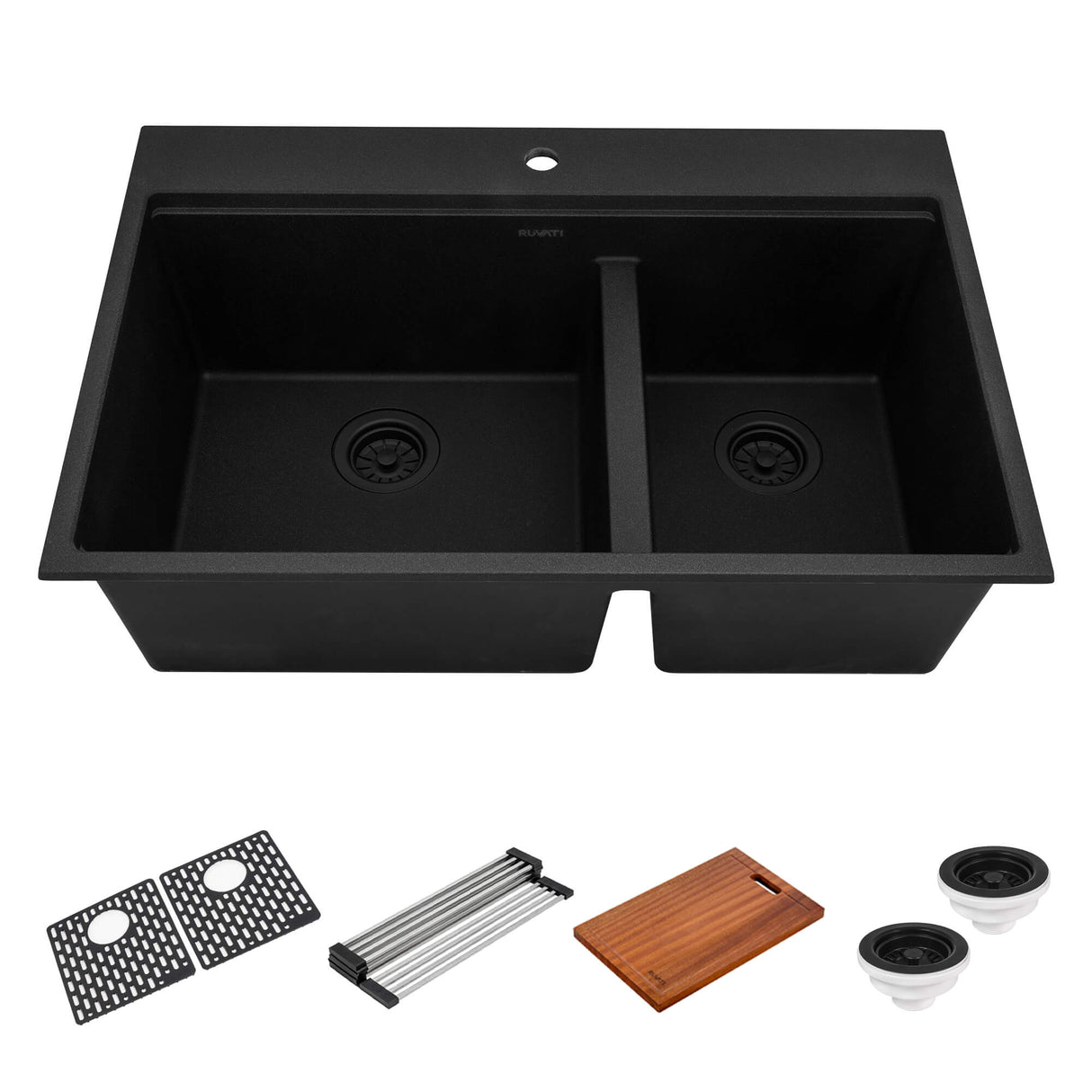 Ruvati 33-inch epiRock Workstation Charcoal Black Double Bowl Topmount Kitchen Sink - RVG1327CK