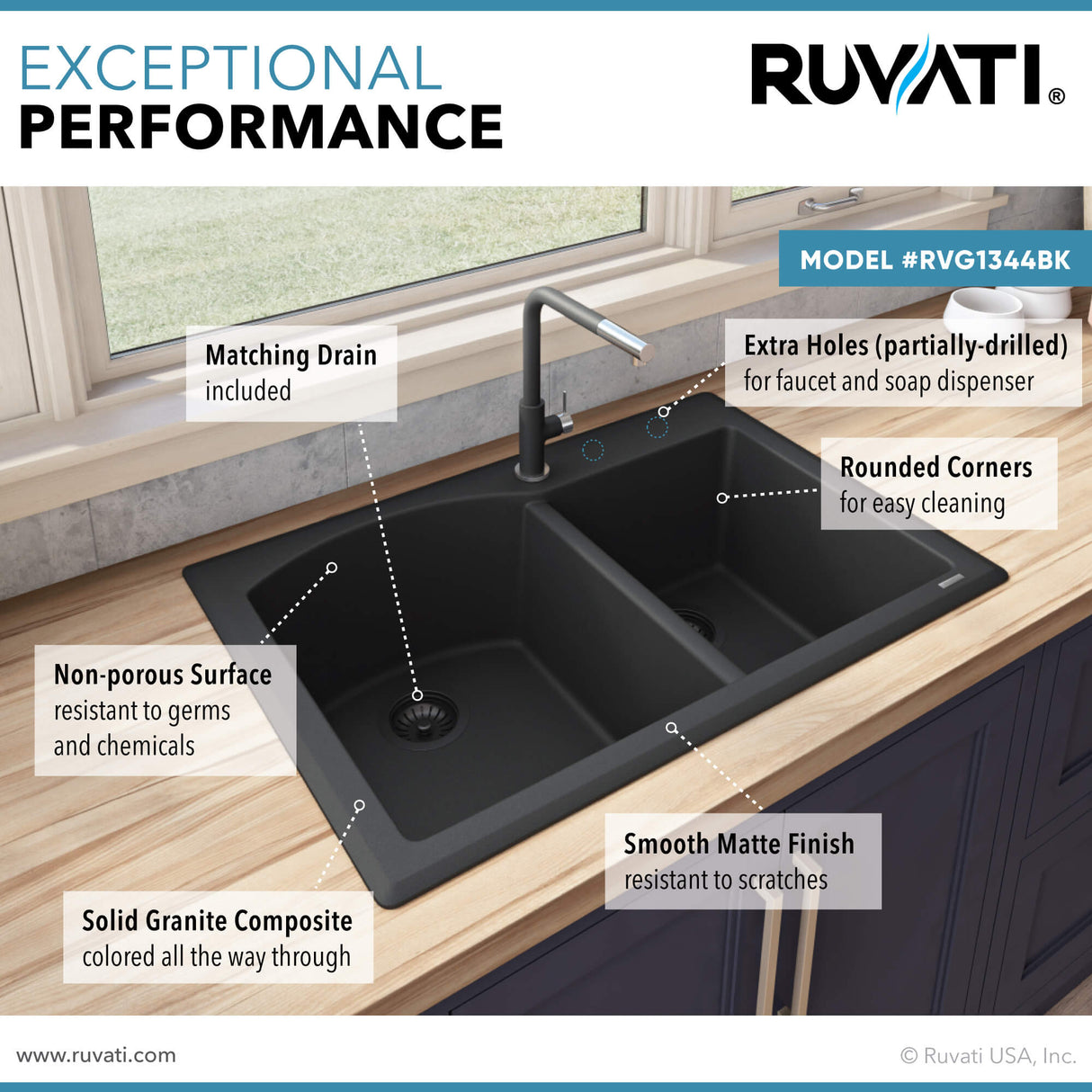 Ruvati 33 x 22 inch epiGranite Dual-Mount Granite Composite Double Bowl Kitchen Sink - Midnight Black - RVG1344BK