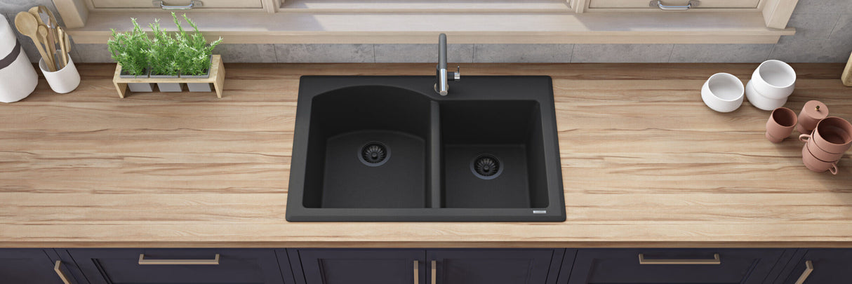 Ruvati 33 x 22 inch epiGranite Dual-Mount Granite Composite Double Bowl Kitchen Sink - Midnight Black - RVG1344BK