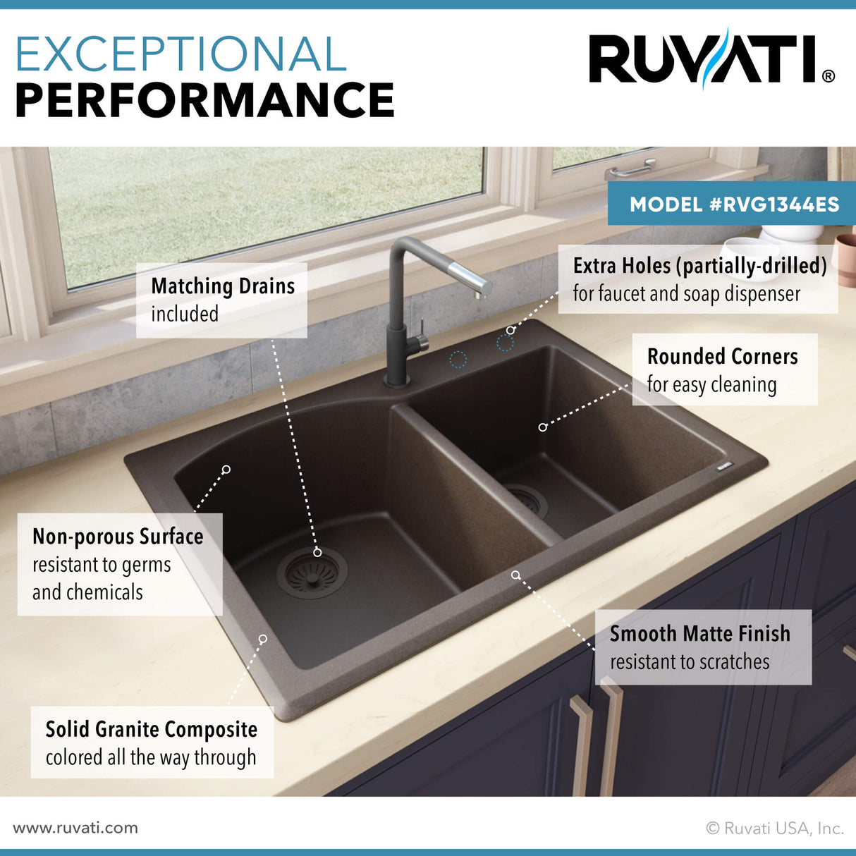 Ruvati 33 x 22 inch epiGranite Dual-Mount Granite Composite Double Bowl Kitchen Sink - Espresso Brown - RVG1344ES