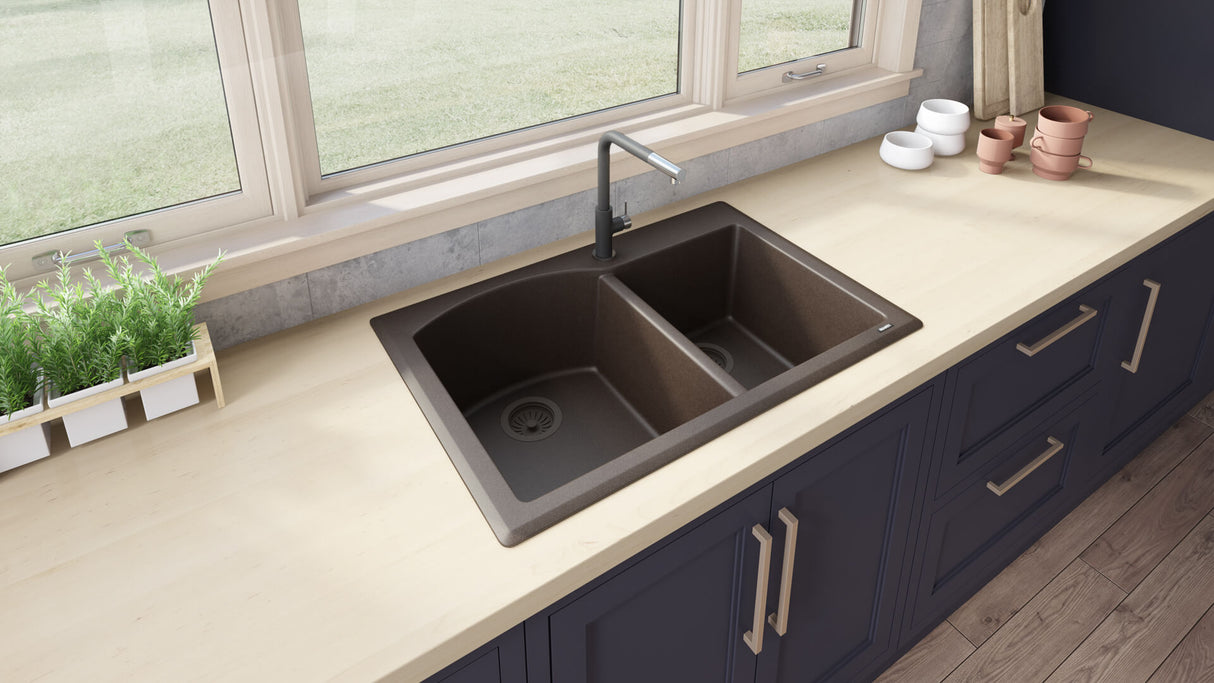 Ruvati 33 x 22 inch epiGranite Dual-Mount Granite Composite Double Bowl Kitchen Sink - Espresso Brown - RVG1344ES