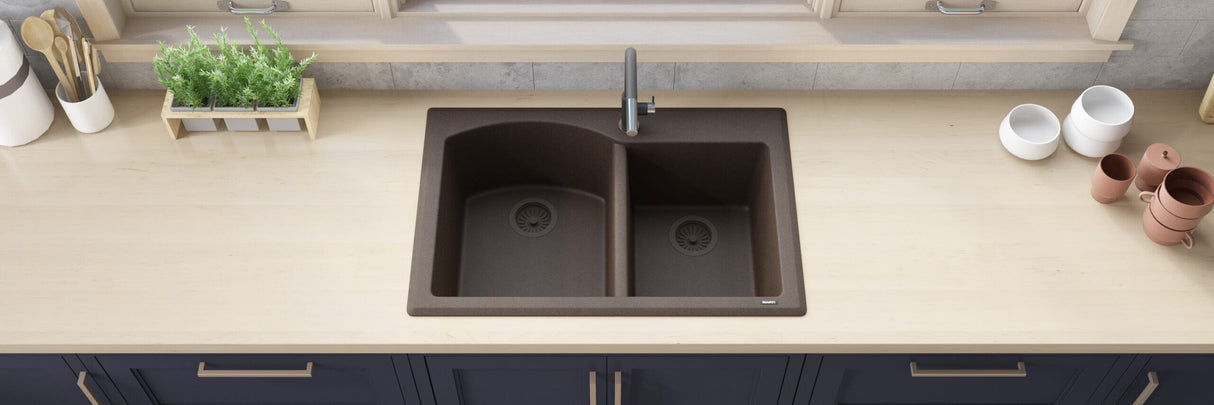 Ruvati 33 x 22 inch epiGranite Dual-Mount Granite Composite Double Bowl Kitchen Sink - Espresso Brown - RVG1344ES