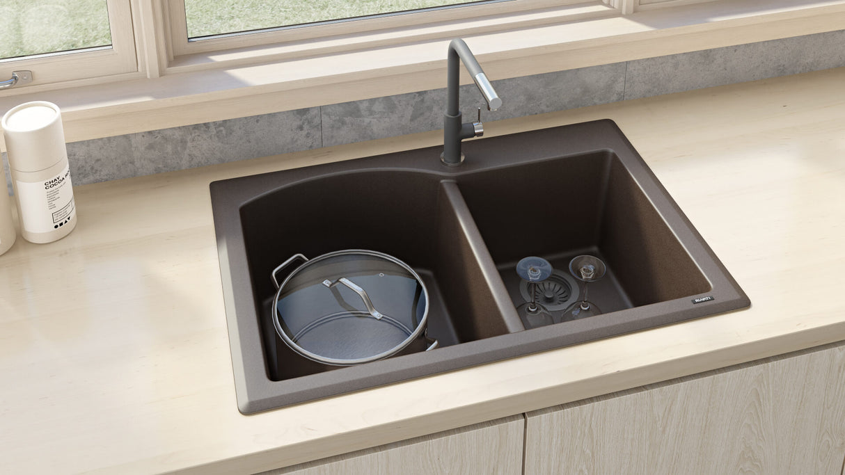 Ruvati 33 x 22 inch epiGranite Dual-Mount Granite Composite Double Bowl Kitchen Sink - Espresso Brown - RVG1344ES