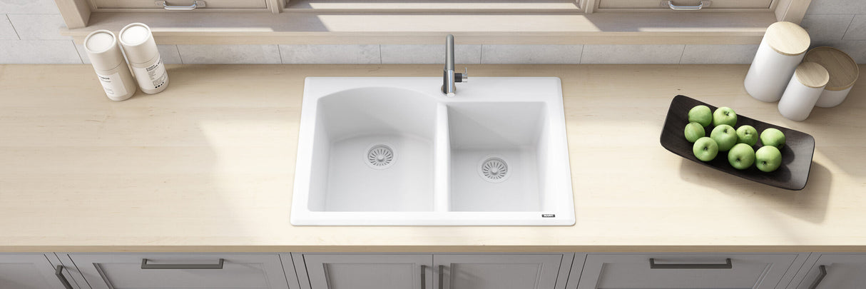 Ruvati 33 x 22 inch epiGranite Dual-Mount Granite Composite Double Bowl Kitchen Sink - Arctic White - RVG1344WH