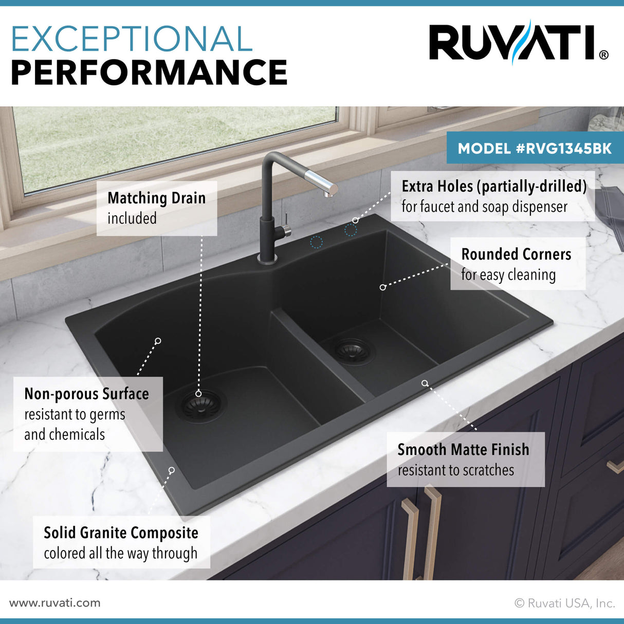 Ruvati 33 x 22 inch epiGranite Drop-in Topmount Granite Composite Double Bowl Kitchen Sink - Midnight Black - RVG1345BK