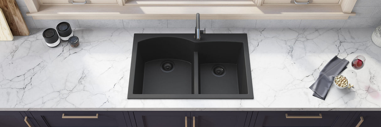 Ruvati 33 x 22 inch epiGranite Drop-in Topmount Granite Composite Double Bowl Kitchen Sink - Midnight Black - RVG1345BK