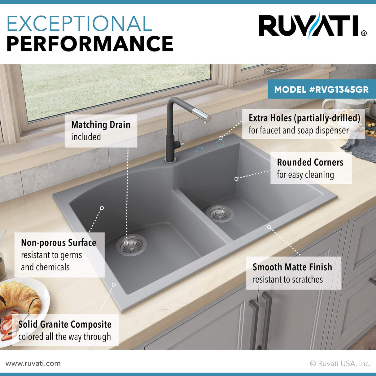 Ruvati 33 x 22 inch epiGranite Drop-in Topmount Granite Composite Double Bowl Kitchen Sink - Silver Gray - RVG1345GR