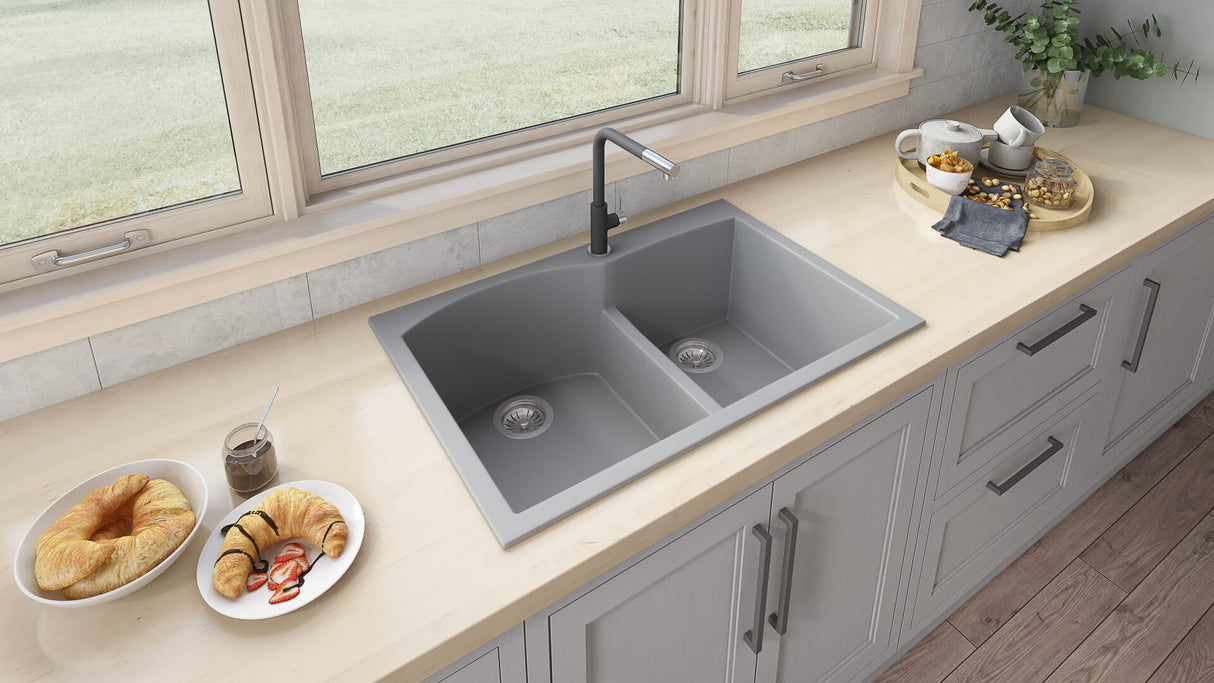 Ruvati 33 x 22 inch epiGranite Drop-in Topmount Granite Composite Double Bowl Kitchen Sink - Silver Gray - RVG1345GR