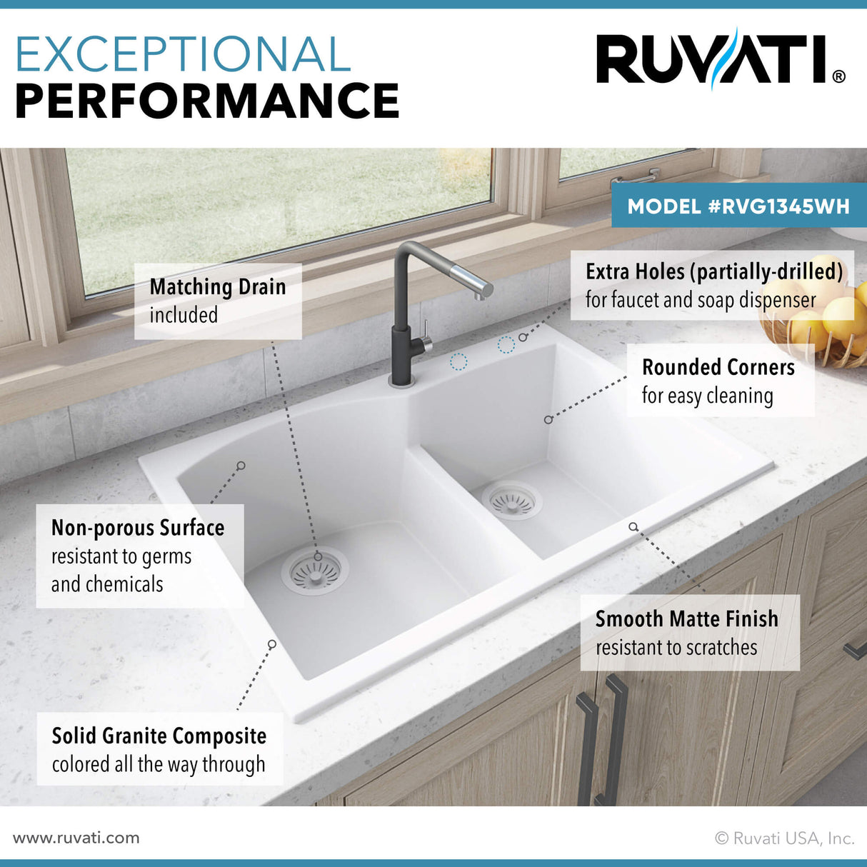 Ruvati 33 x 22 inch epiGranite Drop-in Topmount Granite Composite Double Bowl Kitchen Sink - White - RVG1345WH