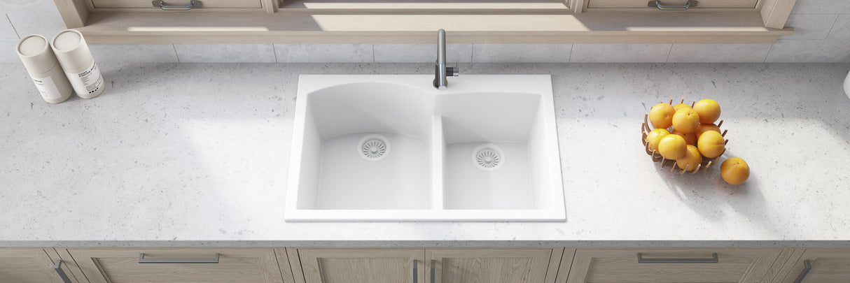 Ruvati 33 x 22 inch epiGranite Drop-in Topmount Granite Composite Double Bowl Kitchen Sink - White - RVG1345WH