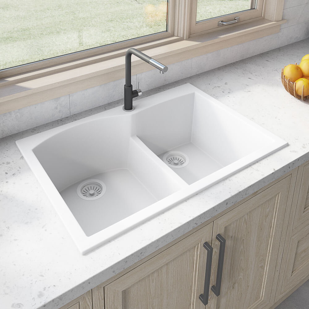 Ruvati 33 x 22 inch epiGranite Drop-in Topmount Granite Composite Double Bowl Kitchen Sink - White - RVG1345WH