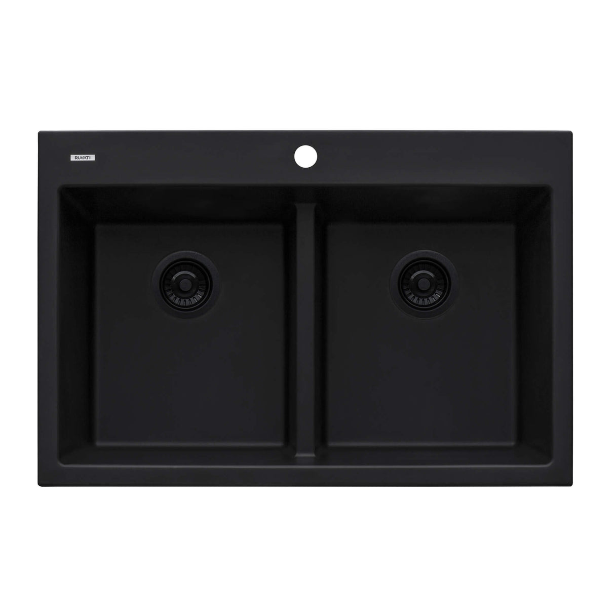 Ruvati 33 x 22 inch epiGranite Drop-in TopMount Granite Composite Double Bowl Low Divide Kitchen Sink - Midnight Black - RVG1385BK