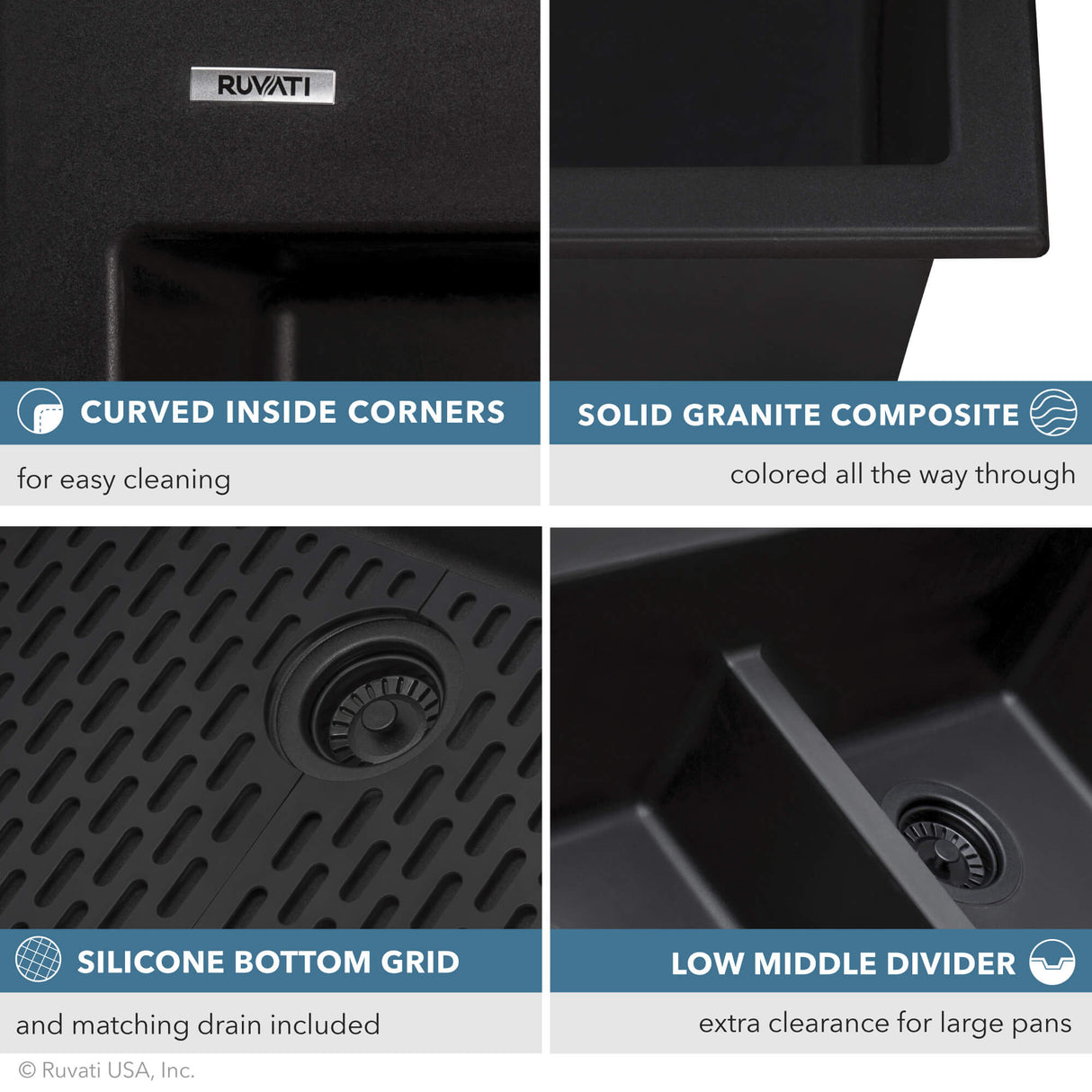 Ruvati 33 x 22 inch epiGranite Drop-in TopMount Granite Composite Double Bowl Low Divide Kitchen Sink - Midnight Black - RVG1385BK