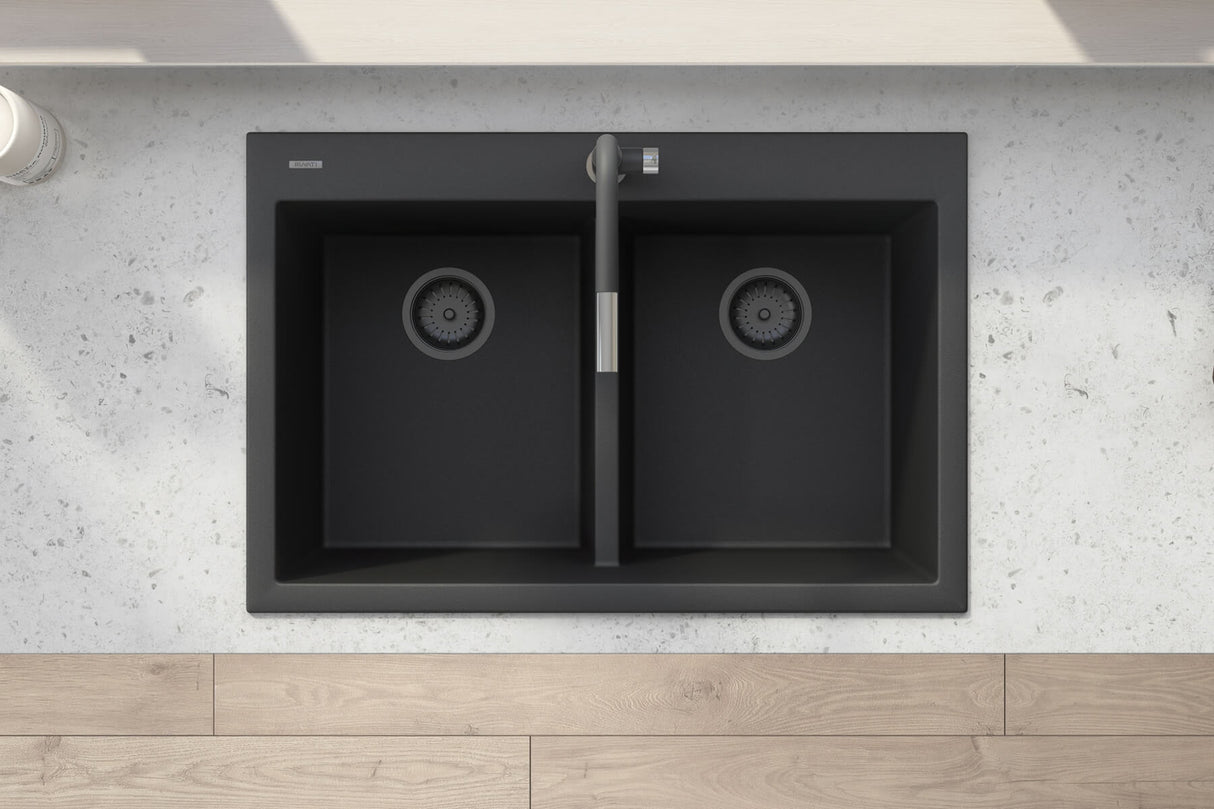 Ruvati 33 x 22 inch epiGranite Drop-in TopMount Granite Composite Double Bowl Low Divide Kitchen Sink - Midnight Black - RVG1385BK