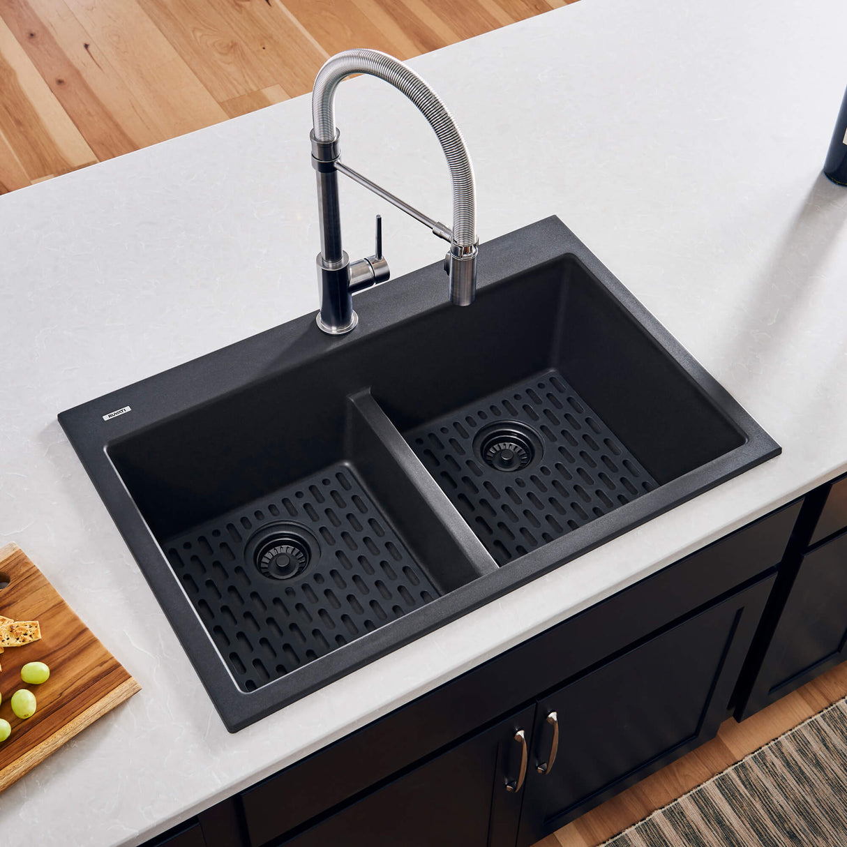 Ruvati 33 x 22 inch epiGranite Drop-in TopMount Granite Composite Double Bowl Low Divide Kitchen Sink - Midnight Black - RVG1385BK
