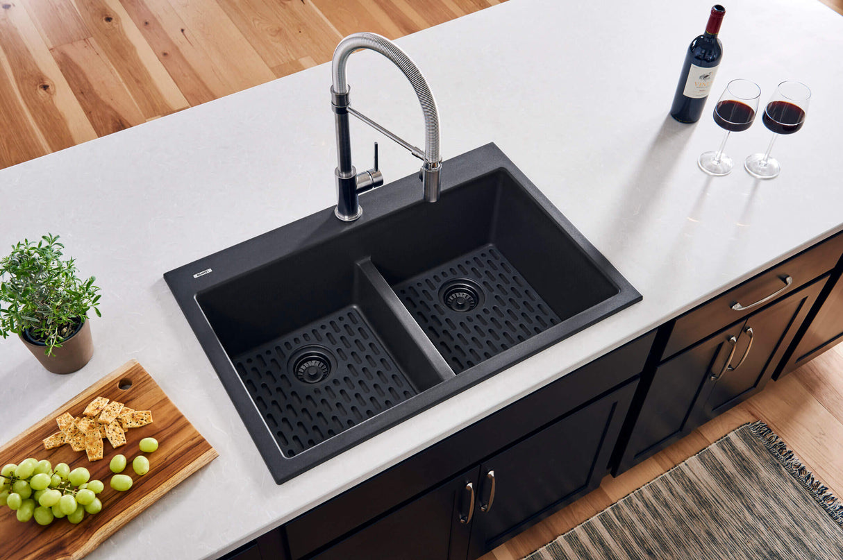 Ruvati 33 x 22 inch epiGranite Drop-in TopMount Granite Composite Double Bowl Low Divide Kitchen Sink - Midnight Black - RVG1385BK