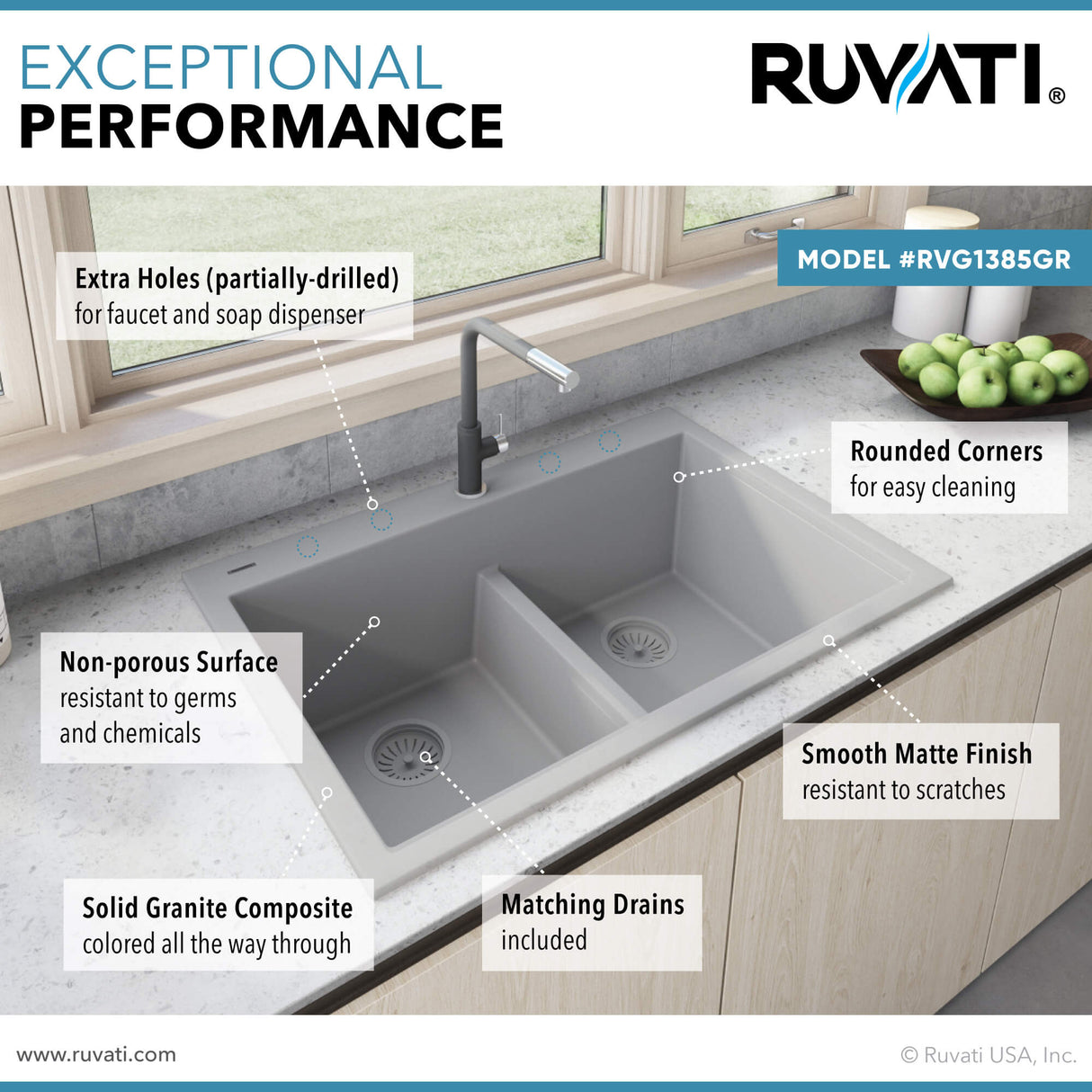 Ruvati 33 x 22 inch epiGranite Drop-in TopMount Granite Composite Double Bowl Low Divide Kitchen Sink - Silver Gray - RVG1385GR