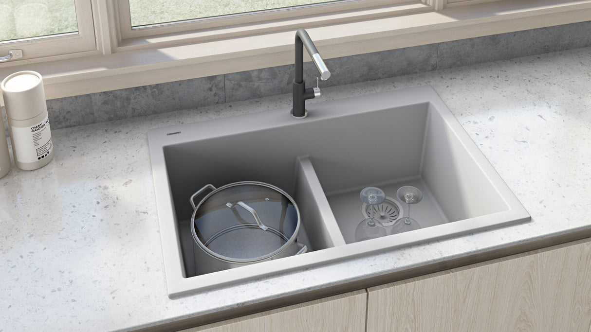 Ruvati 33 x 22 inch epiGranite Drop-in TopMount Granite Composite Double Bowl Low Divide Kitchen Sink - Silver Gray - RVG1385GR