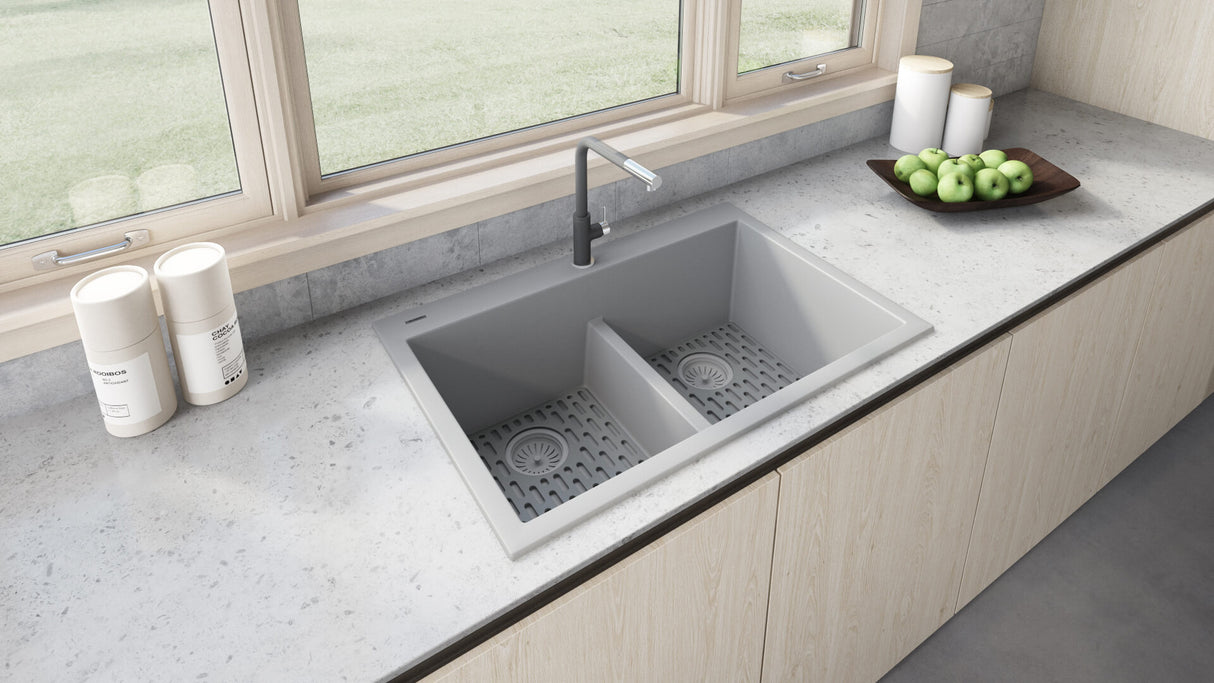 Ruvati 33 x 22 inch epiGranite Drop-in TopMount Granite Composite Double Bowl Low Divide Kitchen Sink - Silver Gray - RVG1385GR