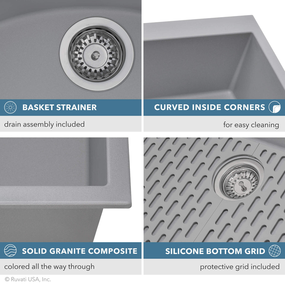Ruvati 33 x 22 inch epiGranite Drop-in TopMount Granite Composite Double Bowl Low Divide Kitchen Sink - Silver Gray - RVG1385GR