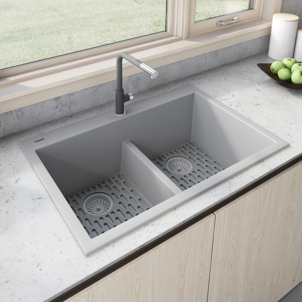 Ruvati 33 x 22 inch epiGranite Drop-in TopMount Granite Composite Double Bowl Low Divide Kitchen Sink - Silver Gray - RVG1385GR