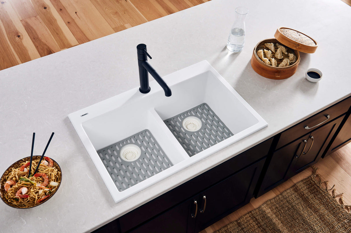 Ruvati 33 x 22 inch epiGranite Drop-in TopMount Granite Composite Double Bowl Low Divide Kitchen Sink - Arctic White - RVG1385WH