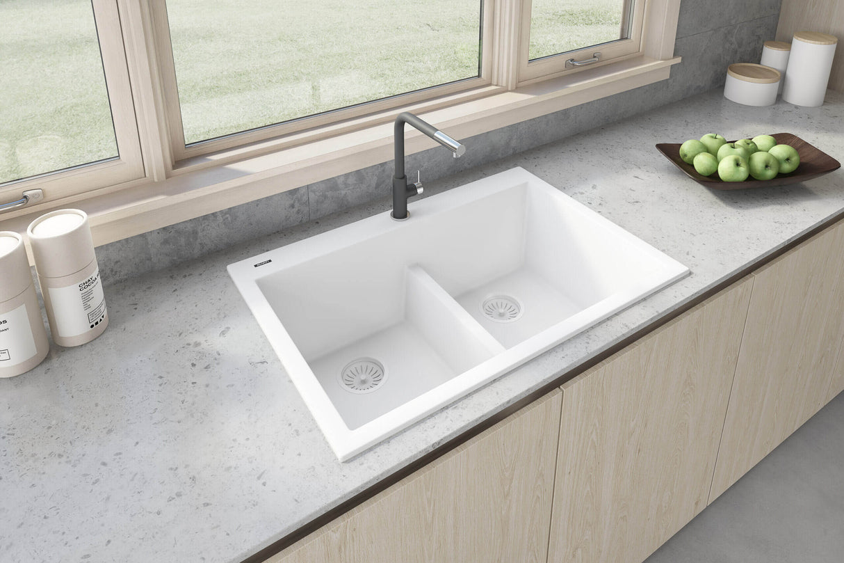Ruvati 33 x 22 inch epiGranite Drop-in TopMount Granite Composite Double Bowl Low Divide Kitchen Sink - Arctic White - RVG1385WH