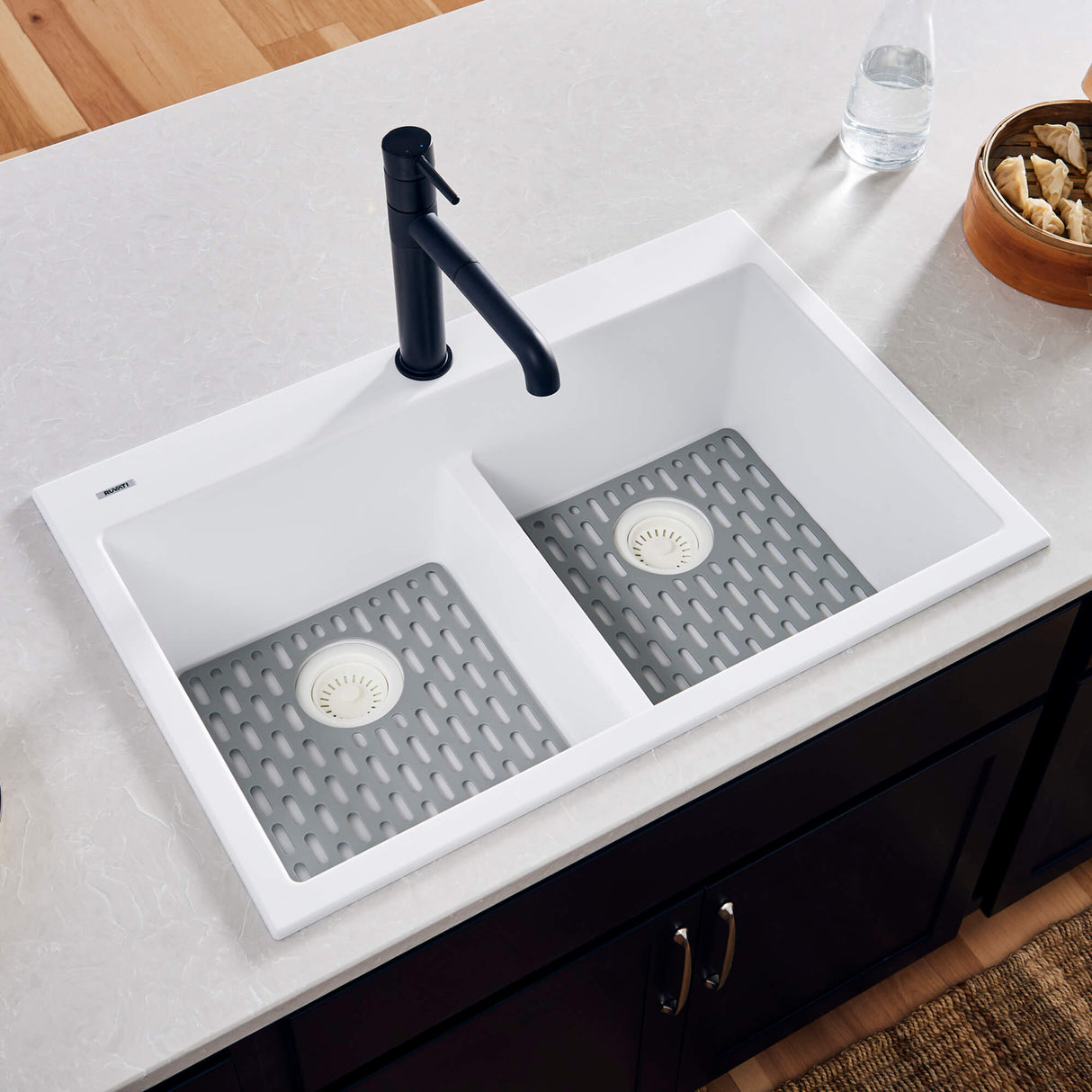 Ruvati 33 x 22 inch epiGranite Drop-in TopMount Granite Composite Double Bowl Low Divide Kitchen Sink - Arctic White - RVG1385WH