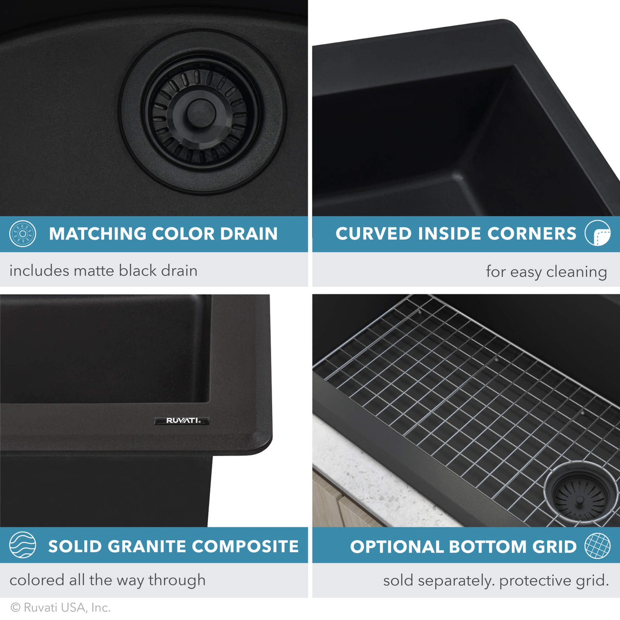 Ruvati 33 x 22 inch epiGranite Topmount Granite Composite Double Bowl Kitchen Sink - Midnight Black - RVG1388BK