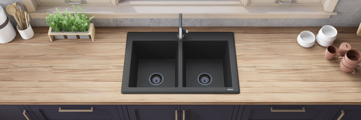 Ruvati 33 x 22 inch epiGranite Topmount Granite Composite Double Bowl Kitchen Sink - Midnight Black - RVG1388BK