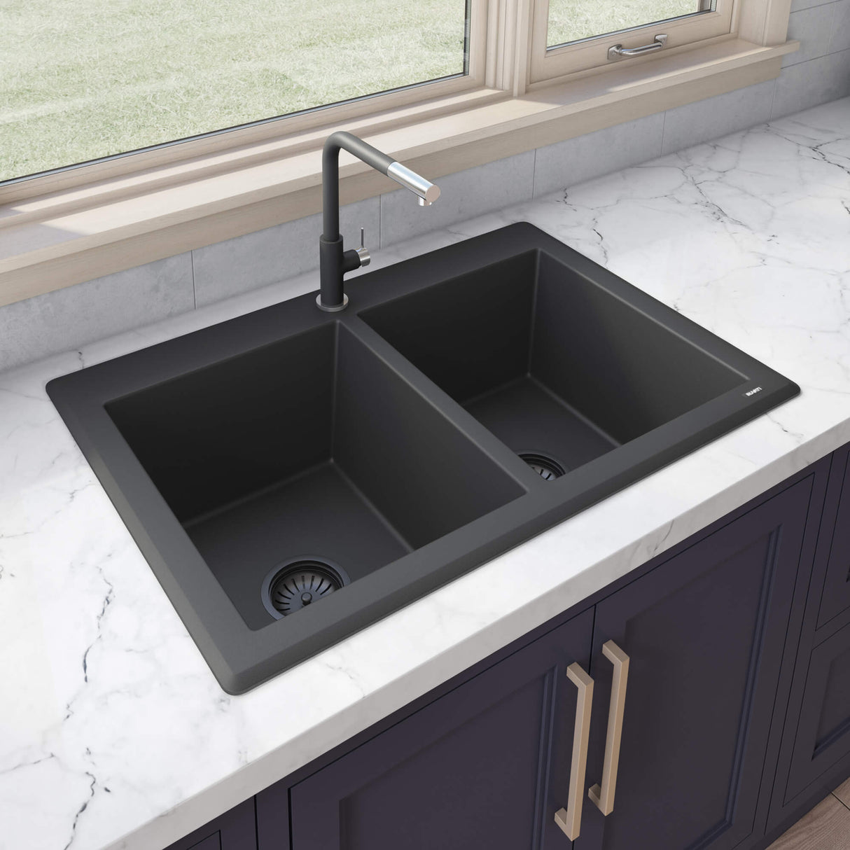 Ruvati 33 x 22 inch epiGranite Topmount Granite Composite Double Bowl Kitchen Sink - Midnight Black - RVG1388BK