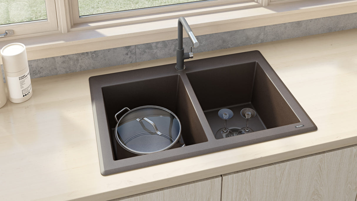 Ruvati 33 x 22 inch epiGranite Topmount Granite Composite Double Bowl Kitchen Sink - Espresso Brown - RVG1388ES