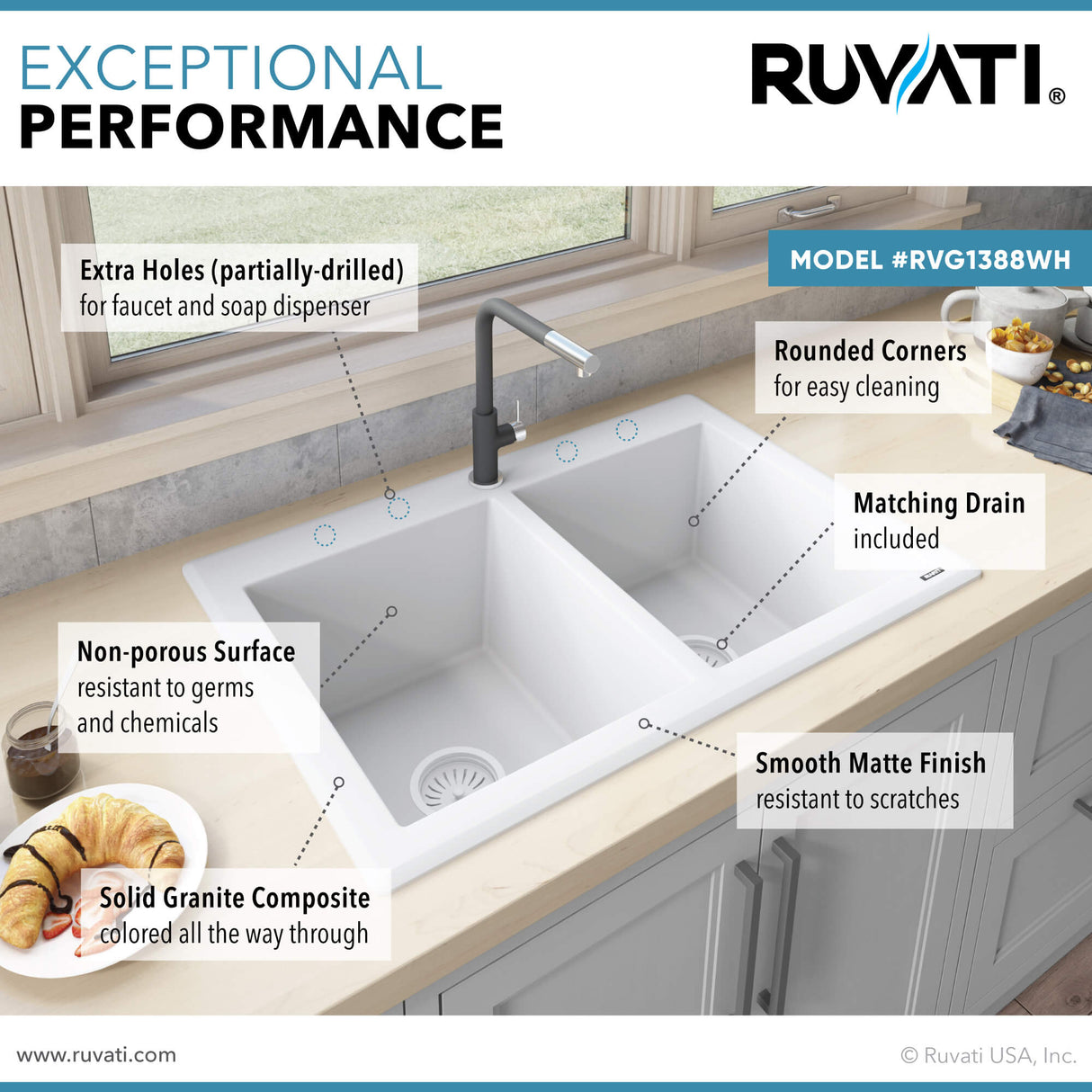 Ruvati 33 x 22 inch epiGranite Topmount Granite Composite Double Bowl Kitchen Sink - Arctic White - RVG1388WH
