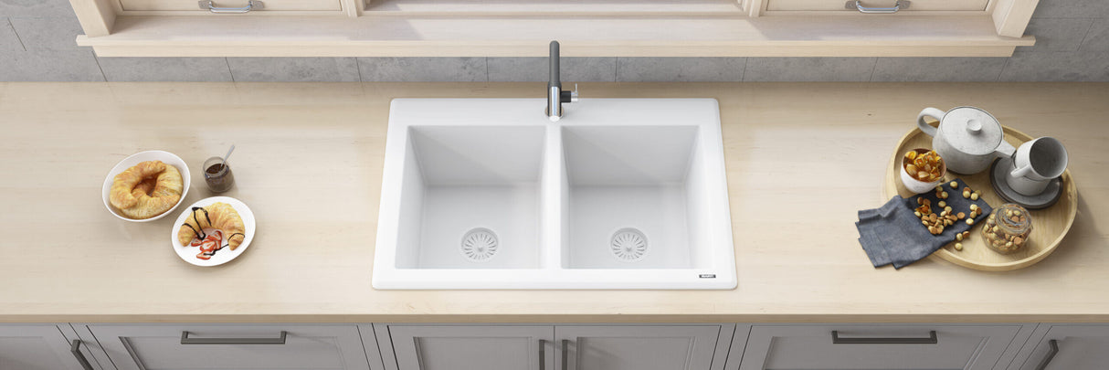 Ruvati 33 x 22 inch epiGranite Topmount Granite Composite Double Bowl Kitchen Sink - Arctic White - RVG1388WH
